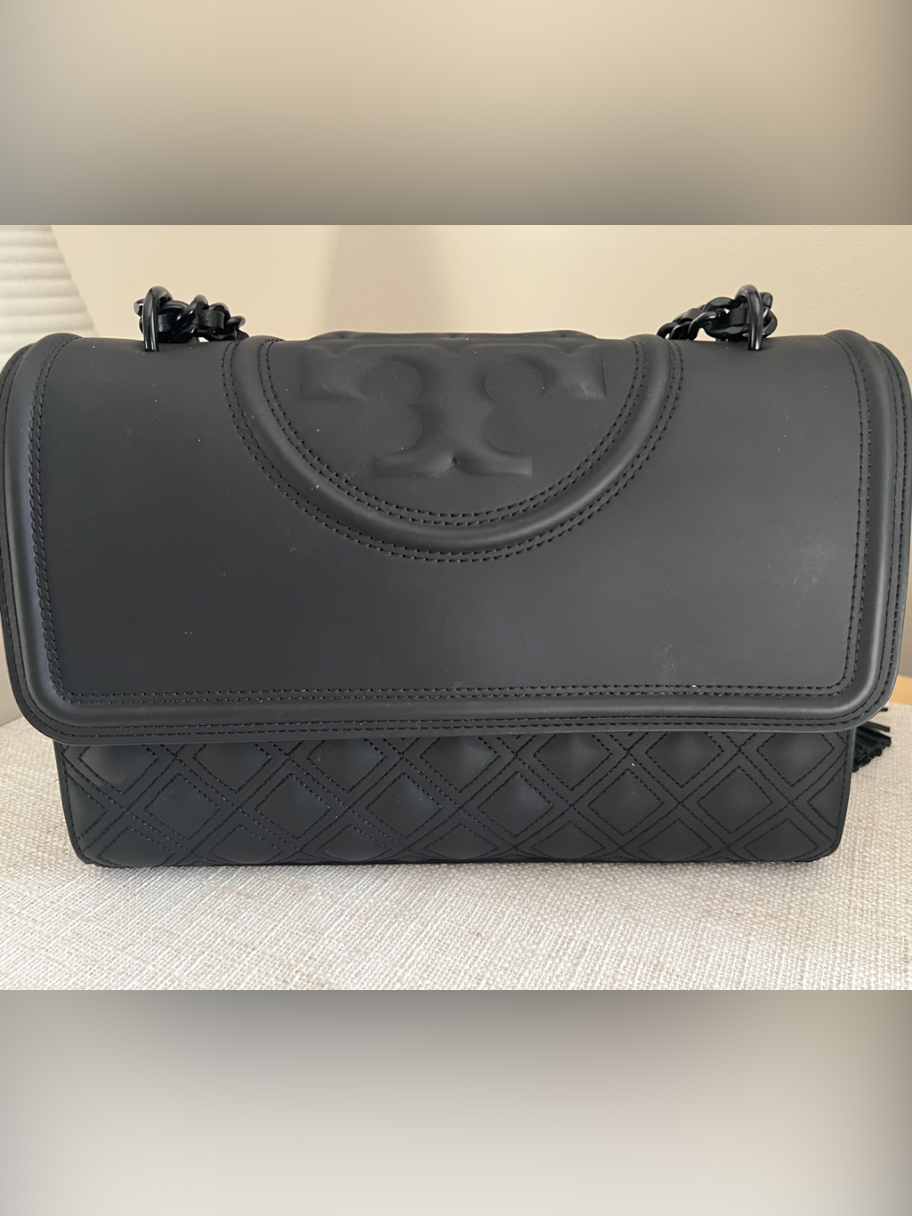 Large Tory Burch Matte Black Fleming Quilted Logo Shoulder Bag